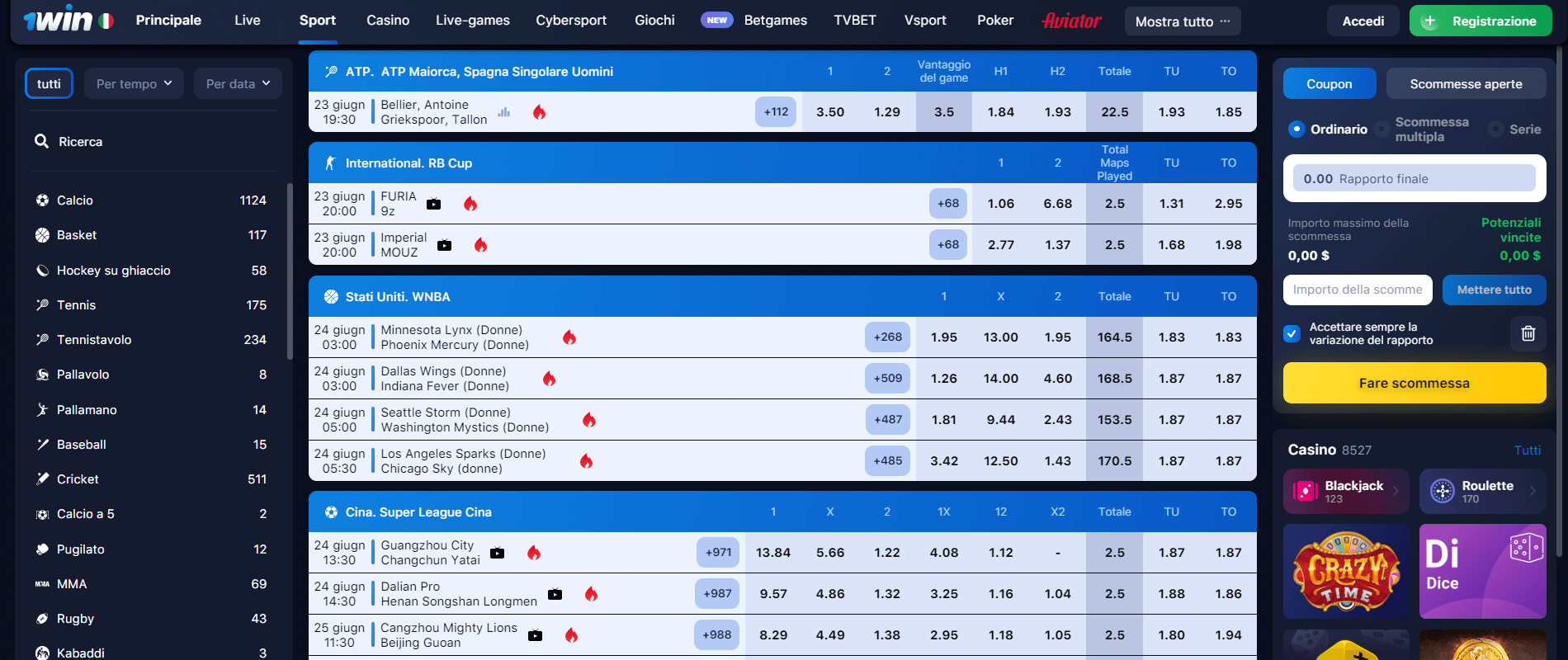 1Win Scommesse Sportive