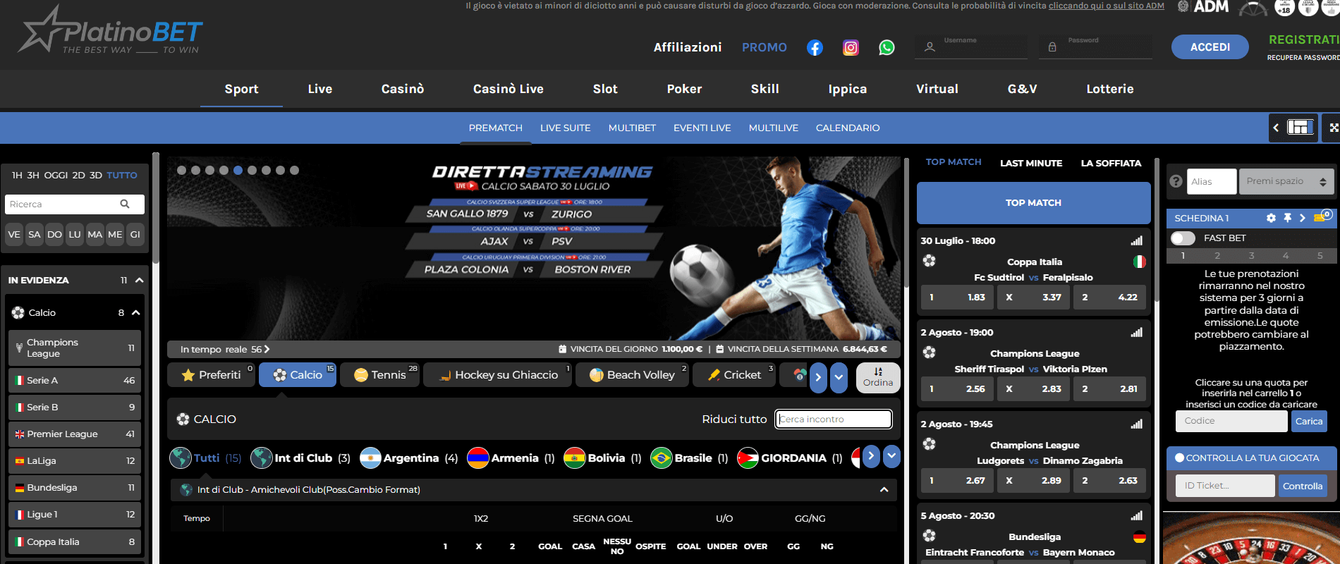 Platinobet Scommesse sportive
