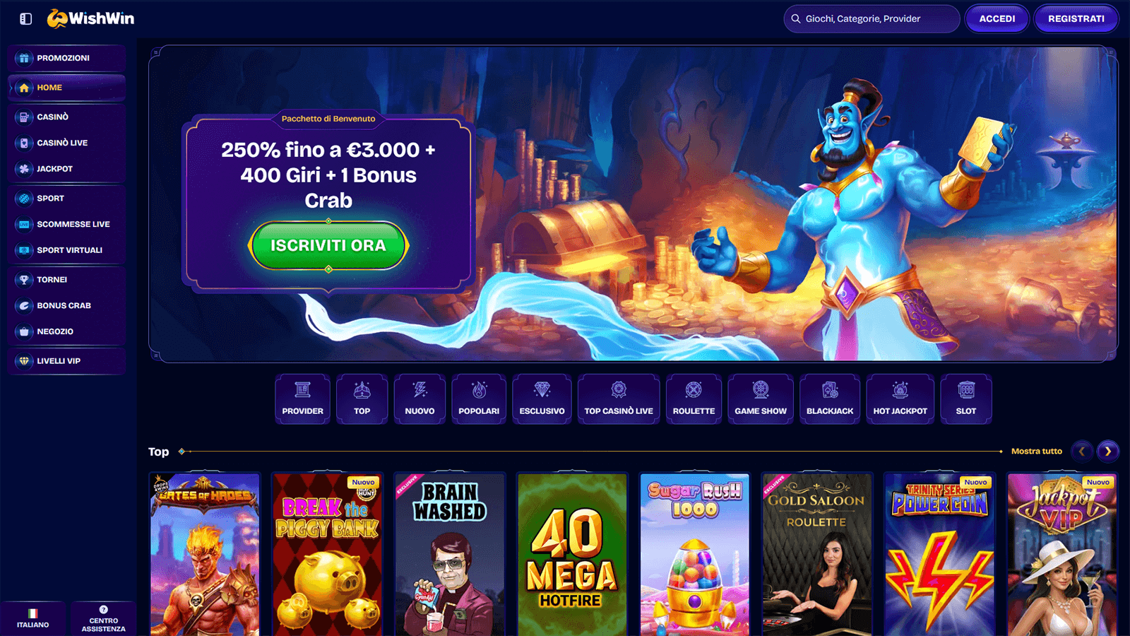 Homepage del Casino WishWin