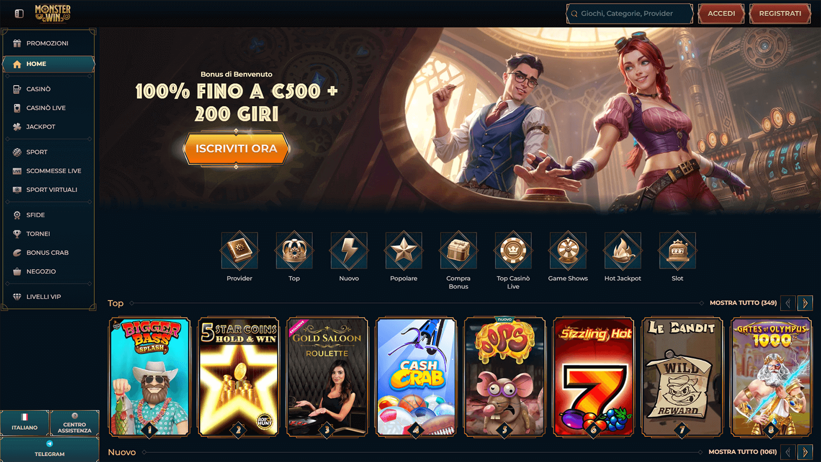 Homepage del casino MonsterWin
