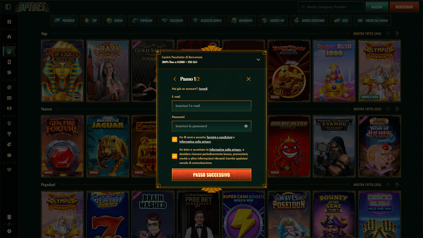 Registrazione al casino SpyBet