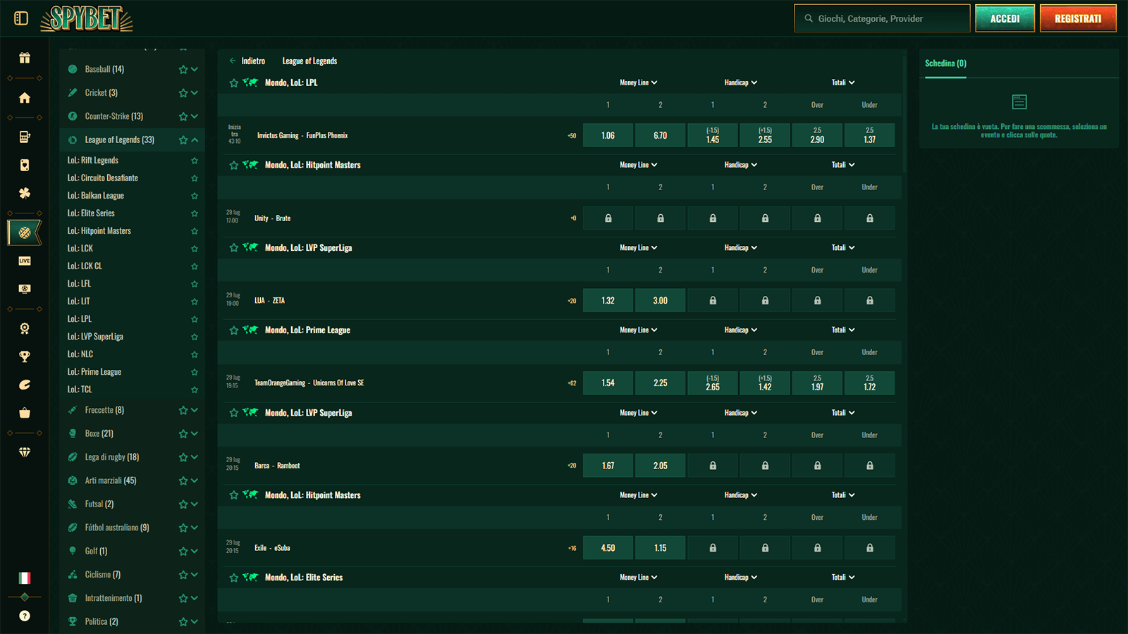 Scommesse eSports di SpyBet Casino