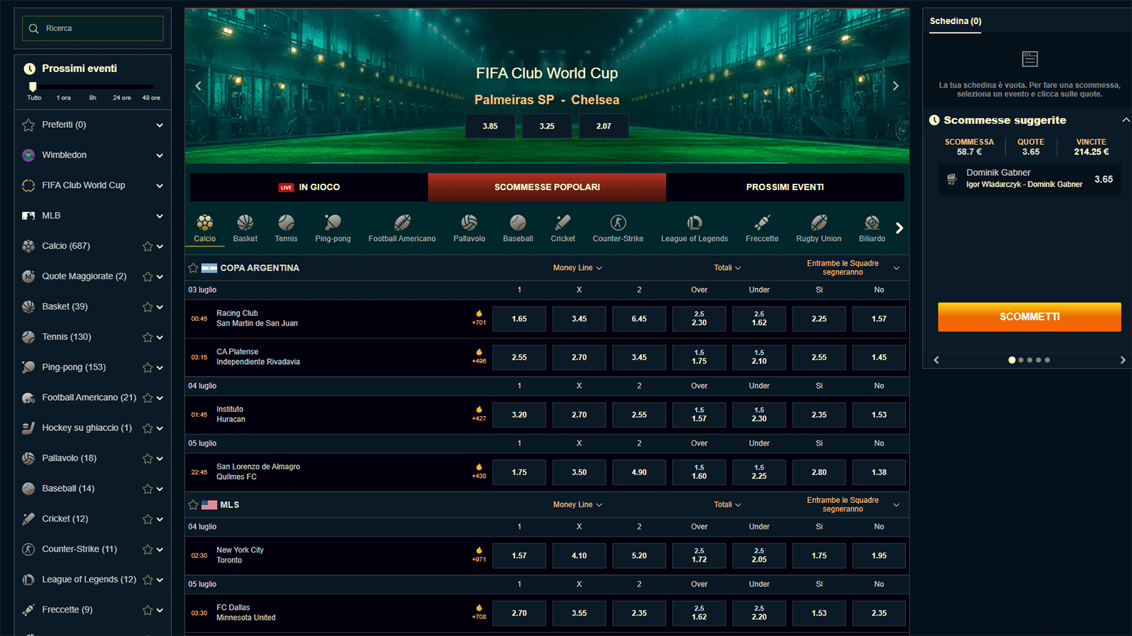 Scommesse sportive al MonsterWin Casino