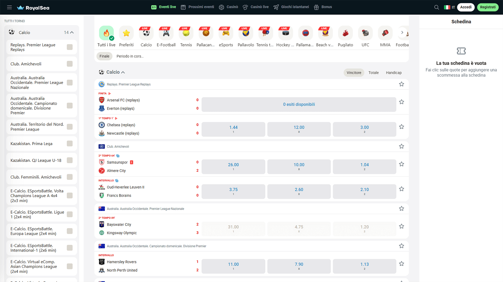 Scommesse sportive del Royal Sea Casino